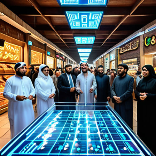 Home 18 ** A bustling Middle Eastern marketplace, blending traditional souk elements with futuristic holographic displays of cryptocurrency charts. A group of diverse people (men and women in traditional and modern attire) are actively trading, some looking excited and others concerned. The overall tone is energetic but cautious, reflecting the potential and risks of blockchain investment.
**Prompt:** "Modern souk scene in the Middle East, blending traditional market with cryptocurrency holograms. Diverse people trading, expressing excitement and caution. Energetic but cautious atmosphere."
**