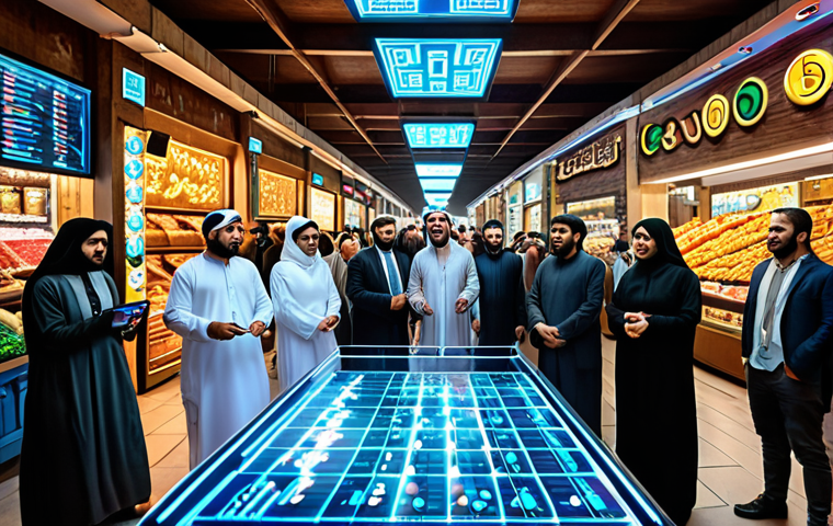 ** A bustling Middle Eastern marketplace, blending traditional souk elements with futuristic holographic displays of cryptocurrency charts. A group of diverse people (men and women in traditional and modern attire) are actively trading, some looking excited and others concerned. The overall tone is energetic but cautious, reflecting the potential and risks of blockchain investment.
**Prompt:** "Modern souk scene in the Middle East, blending traditional market with cryptocurrency holograms. Diverse people trading, expressing excitement and caution. Energetic but cautious atmosphere."
**