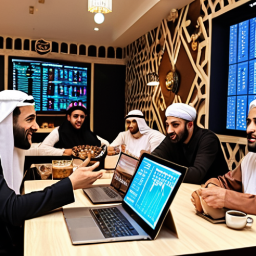 Home 17 **
"A vibrant and bustling Arabic coffee shop scene. In the background, projected onto a wall, is a dynamic crypto price chart. People are gathered around tables, some in traditional Arabic dress, others in modern attire, passionately discussing cryptocurrency trends on laptops and tablets. The atmosphere is lively, with hand gestures and animated expressions suggesting a thriving community exchanging investment information and strategies."
**