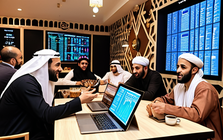 **
"A vibrant and bustling Arabic coffee shop scene. In the background, projected onto a wall, is a dynamic crypto price chart. People are gathered around tables, some in traditional Arabic dress, others in modern attire, passionately discussing cryptocurrency trends on laptops and tablets. The atmosphere is lively, with hand gestures and animated expressions suggesting a thriving community exchanging investment information and strategies."
**