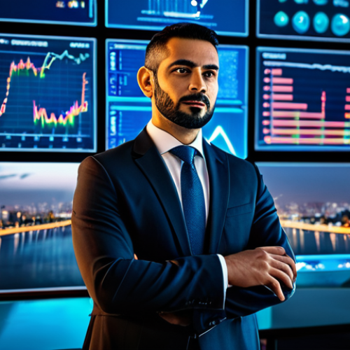 Home 8 A confident, professional man of Arab descent, in his early 40s, wearing a tailored, modest business suit. He is standing thoughtfully in a sleek, futuristic office, surrounded by large transparent screens displaying dynamic holographic financial charts, cryptocurrency symbols, and blockchain data, suggesting global connectivity and advanced technology. The background shows a blurred, vibrant cityscape at night, hinting at constant market activity. High-resolution professional photography, volumetric lighting, sharp focus, fully clothed, appropriate attire, modest clothing, professional dress, safe for work, appropriate content, perfect anatomy, correct proportions, natural pose, well-formed hands, proper finger count, natural body proportions, professional, family-friendly.