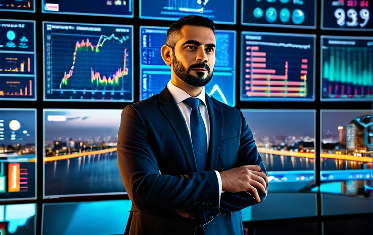 A confident, professional man of Arab descent, in his early 40s, wearing a tailored, modest business suit. He is standing thoughtfully in a sleek, futuristic office, surrounded by large transparent screens displaying dynamic holographic financial charts, cryptocurrency symbols, and blockchain data, suggesting global connectivity and advanced technology. The background shows a blurred, vibrant cityscape at night, hinting at constant market activity. High-resolution professional photography, volumetric lighting, sharp focus, fully clothed, appropriate attire, modest clothing, professional dress, safe for work, appropriate content, perfect anatomy, correct proportions, natural pose, well-formed hands, proper finger count, natural body proportions, professional, family-friendly.