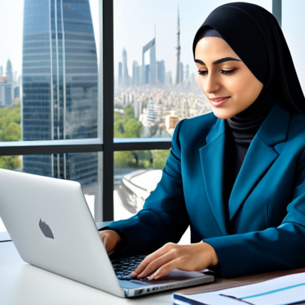 **

"A professional Arab businesswoman in a modern, fully clothed, modest business suit, working on a laptop at a sleek desk in a high-rise office overlooking a vibrant cityscape during the day.  Safe for work, appropriate content, perfect anatomy, correct proportions, professional, family-friendly, well-formed hands, proper finger count, natural body proportions, high-quality rendering."

**