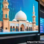 Home 22 블록체인 기술의 적용 가능성과 한계 - A modern digital marketplace scene in a Middle Eastern city, showcasing diverse Arabic business prof...