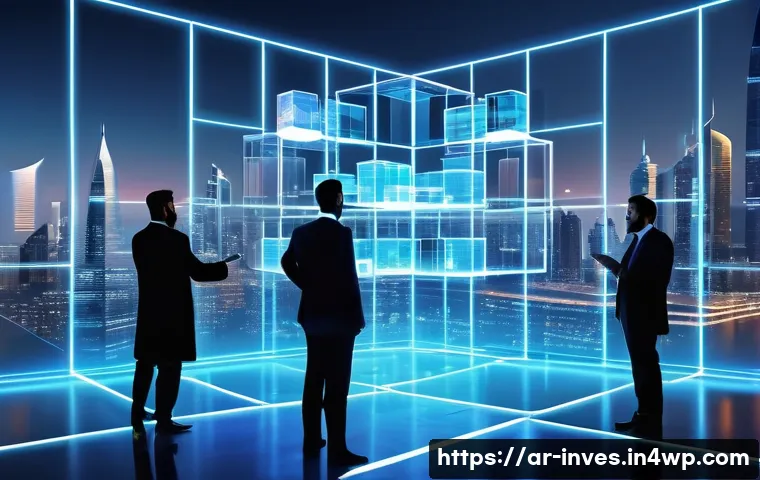 블록체인 기술의 기초부터 배우기 - A detailed digital illustration of a blockchain network with interconnected blocks floating in a tra...