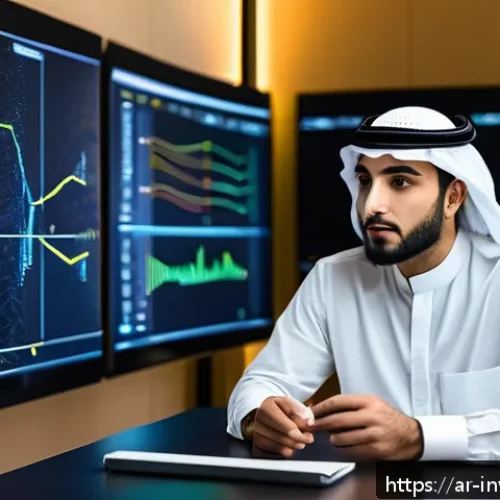 Home 32 블록체인 투자 시 유의할 점 - A modern, professional Middle Eastern man in smart casual attire studying blockchain technology on m...