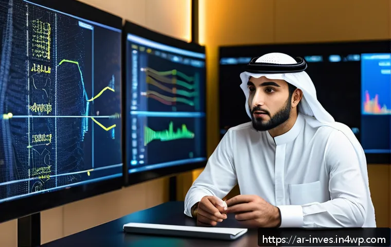 블록체인 투자 시 유의할 점 - A modern, professional Middle Eastern man in smart casual attire studying blockchain technology on m...