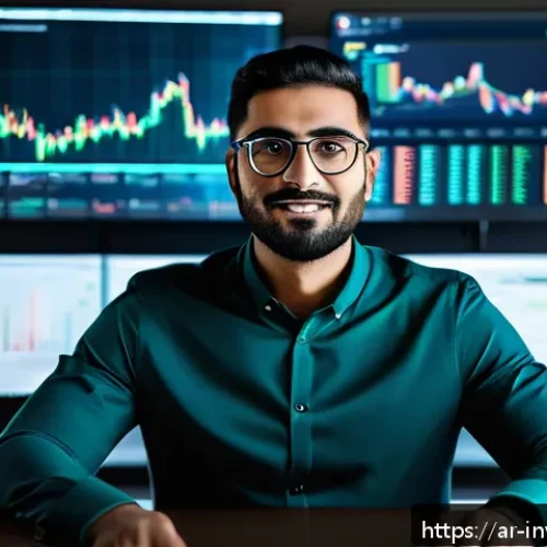 Home 31 블록체인 투자 성공 사례 연구 - A modern digital workspace featuring an Arab male cryptocurrency investor in his 30s, wearing busine...