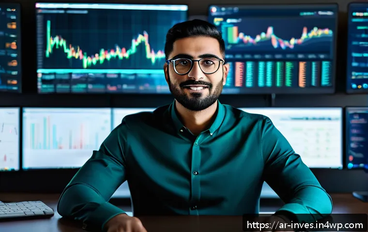 블록체인 투자 성공 사례 연구 - A modern digital workspace featuring an Arab male cryptocurrency investor in his 30s, wearing busine...