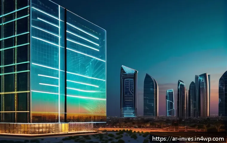 블록체인 기반 금융 서비스의 미래 - A futuristic digital financial hub in an Arab city, showcasing a sleek high-tech bank building with ...