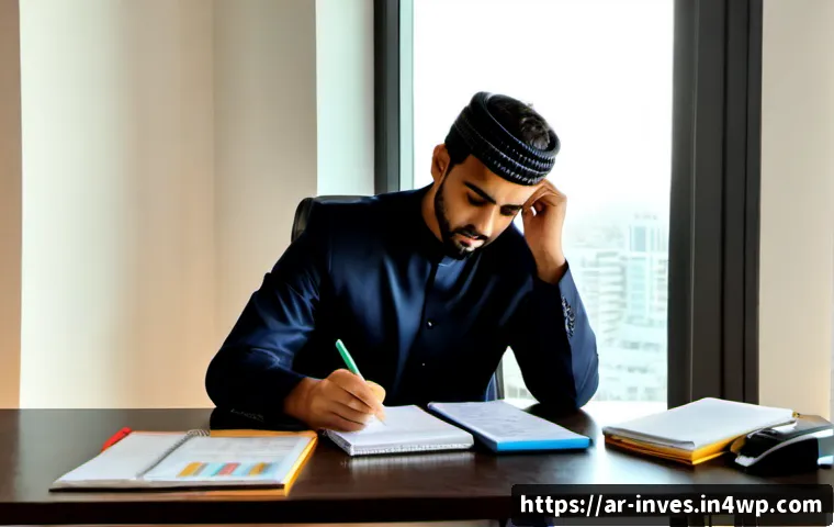 블록체인 투자자들의 실수 사례 분석 - Photorealistic Arab investor in modest business attire sitting alone at a clean modern desk in a Gul...